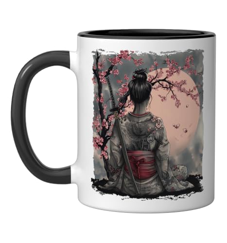 Taza Cerámica Japonesa Geisha Samurai 11 oz Negro/Blanco miniatura 1