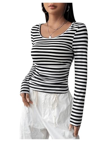 GORGLITTER Damen Gestreift Langarmshirts Basic Oberteil Langarm Tshirt...
