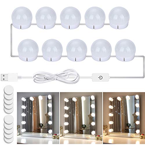 Ksmiley Hollywood Style Vanity Mirror Lights Kit, 10 Dimmable LED Bulbs with 3 Color Modes, Lighting Fixture Strip for Makeup Table Dressing Room Bathroom Wall Mirror