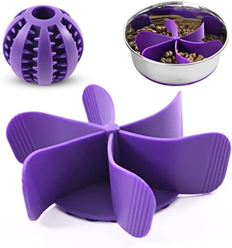 Slow Feeder Dog Bowls Insert + Teething Toy Ball | Dog Slow Feeder | Strong Suction Cups | Suitable for Large,Medium and Small Dogs Breed | Conmpatible with Regular and Elevated Dog Bowls (Purple).