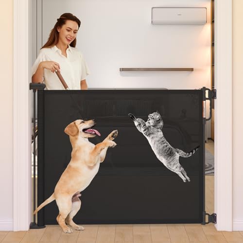 Image of Retractable Baby Gate, Momcozy Extra Wide Mesh Baby Gates for Stairs, 41" Tall, Extends to 71" Wide, Black, Pet Dog Gate for Doorways, Stairs, Hallways, Indoor/Outdoor