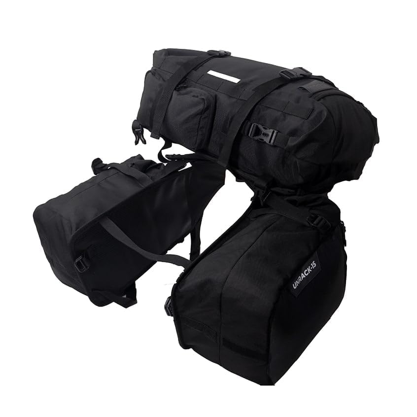 Image of Unrack Tour Rackless Saddlebags 55L (2x15L + 25L) | 100% Waterproof with Roll-Top Dry Liners | Universal System, Quick-One Time Mount Harness, All Bags Converts to Backpacks