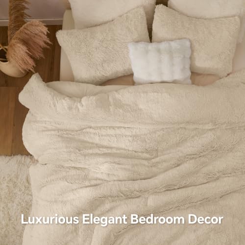 Image of BEDELITE Beige Fluffy Comforter Set Queen, Fuzzy Faux Fur Comforter