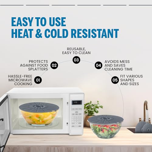 Image of Microwave Cover Silicone Lids - Set of 5: 6, 8, 10, 12 and 13.8 inches - Suction Covers for Pots, Pans, Bowls, Cups, Skillets - Splatter Protection - Easy Food Storage - BPA Free