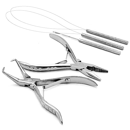 G4 VISION Professional Hair Extension & Beading Tool Kit Remove Plier Set for beads (4 Piece) I-Link Micro Ring Loop Needle Pulling Hook Threader Wire for Silicone Rings (Silver)