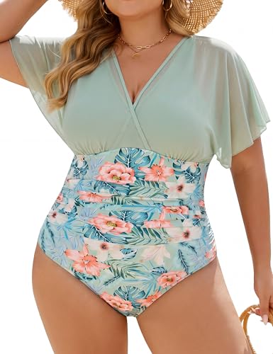 Blooming Jelly Womens Plus Size Swimsuit Tummy Control Mesh Bathing Suit（Green Floral,L