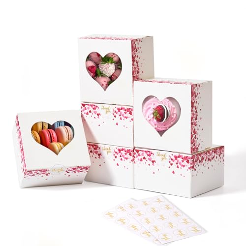Shallive 25 Pcs 4-Inch Kids Valentines Cookie Boxes Heart, Bakery Treat Boxes For Mothers Day Gifting, Wedding To-Go Containers For Favors Cake Slice, Macarons, Donuts 4X4X2.5
