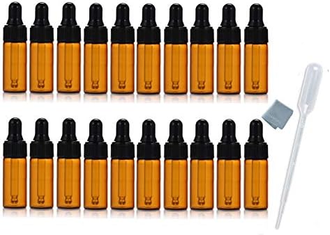 Elfenstall- 20pcs 5ml 1/6oz Amber Mini Glass Bottle Sample Vial Small Essential Oil Bottle with Glass Eye Dropper + 1pc Clean Cloth + 1pc 3ml Dropper