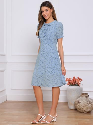 Image of Allegra K Women's Peter Pan Collar Tie Neck Short Sleeves A-Line Elegant Belted Vintage Floral Dress