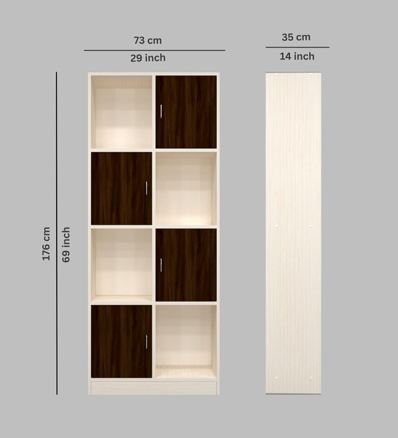 Image of SPECIALITY PANELS 8 Cube Bookshelf with Shutters, White and Brown, 176x73x35 cm, 4 Open and 4 Closed Shelves, Carpenter Assembly Provided