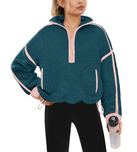 Yanekop Womens Quarter Zip Pullover Sherpa Fleece Jacket Oversized Zip Up Sweatshirt Half Zip Pullover Fuzzy Outerwear