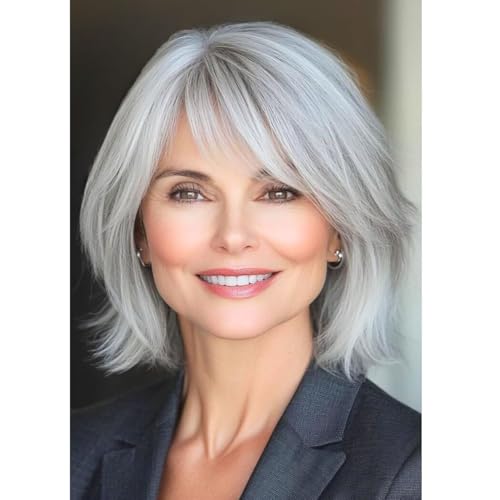 Qnbiar Perruque Cheveux Courts Femme Gris Argenté Synthétique Raise Perruque Cosplay Naturelle avec Frange