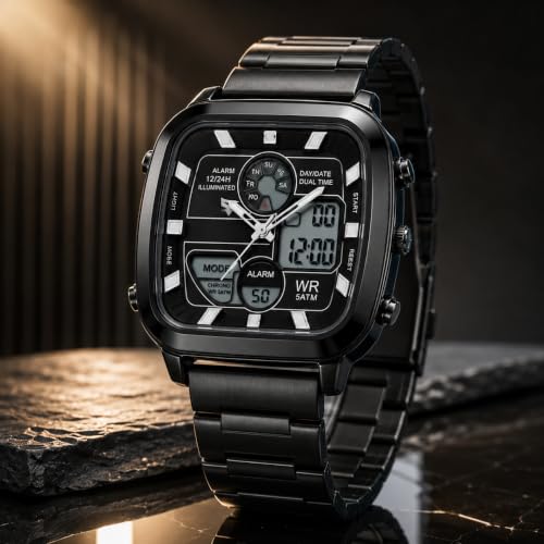 Image of Watch for Men Analog Digital Black Wrist Watch with Stainless Steel Chain, Square Dial, Dual Time Display, Alarm, LED Backlight, Chronograph, Sports Watch, Waterproof 5ATM Luxury Men's Watch