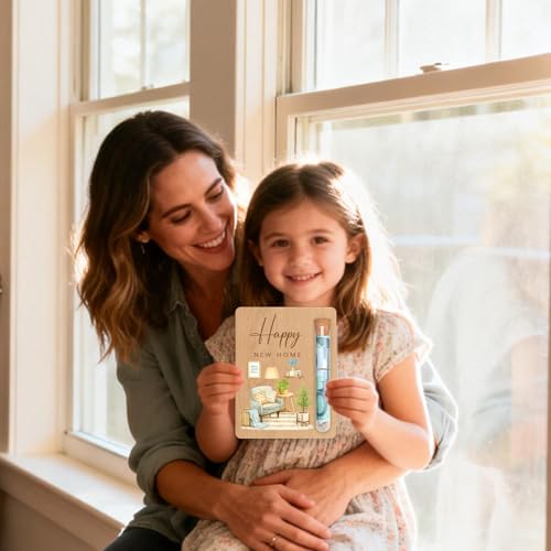 Einzugsgeschenke Haus Geldgeschenk aus Holz Happy New Home – Geschenk zum Einzug Wohnung, 10 x 13cm Einweihungsgeschenk Haus mit Reagenzglas, Einzugsgeschenk für Neue Wohnung und Neues Zuhause