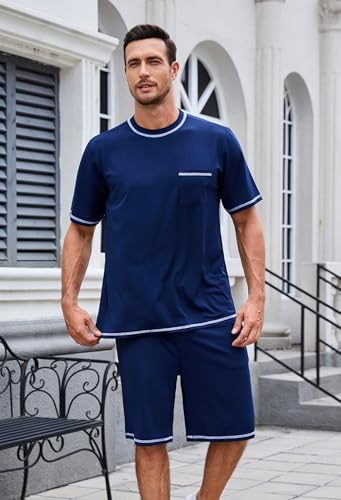 Mens Pajama Set, Soft Short Sleeve Lounge Set Pullover Pjs 2 Piece Outfits with Pocket4