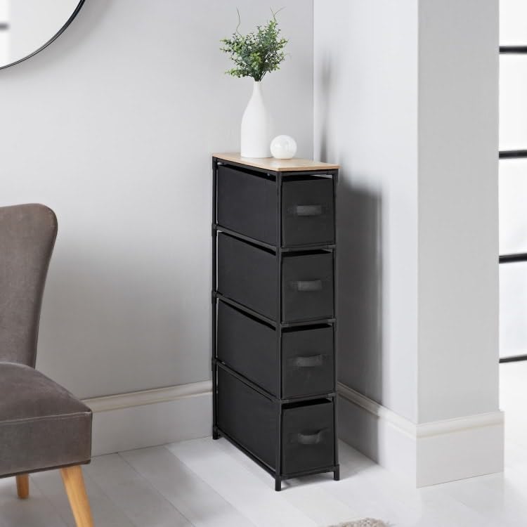 FAHAAM Black 4 Drawer Deep Chest with Metal & Plastic Frame, 4 Drawer Plastic Storage Cabinet, Non Woven Fabric Baskets Ideal Storage Unit, Slim Storage Cabinet for Bedroom, Living Room.