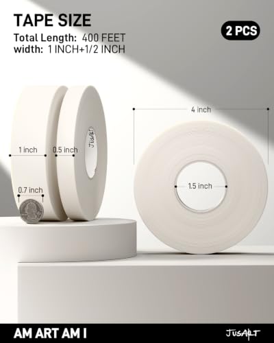 Image of JusArt 2 Packs Artist Tape for Watercolor Paper, 1 /2 inch and 1 inch Wide Total 400FT Long, White Art Tape for Masking, Drafting and Painting, Acid Free, Low Tack