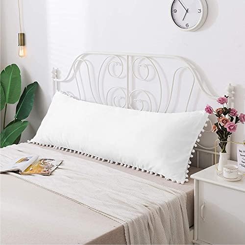 1Pcs Pom Pom Body Pillow Cover, 20"X54" Cute Pom Pom Tassel Fringed Sham Super Soft Body Pillowcases (White)