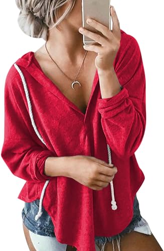 Image of Womens Long Sleeve V Neck Hoodie Sweatshirts Lightweight Pullover Tops