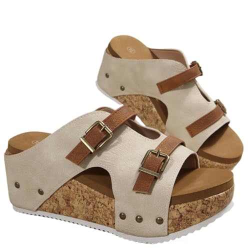 TIXEWSJH Women's Leather Slip On Wedge Platform Sandals Easy Wear Orthopedic Comfort Non Slip Adjustable Buckle Straps Open Toe Casual Dressy Summer Beach Outdoor Slides (Beige,6)