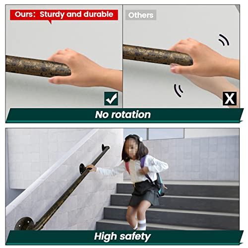 Muzata 5Ft Staircase Handrail Antique Brass Pipe Handrail Staircase Steps Hand Rail For Indoor Stairs 440Lbs Load Capacity Wall Mount Support Galvanized Steel Industrial Style, Hw20 Abg #TOP2