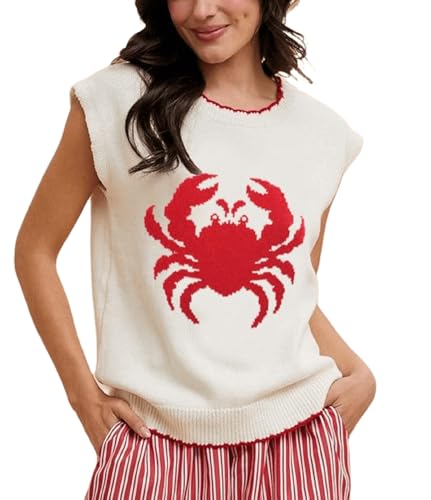 Image of Women Graphic Sweater Vest Y2k Sleeveless Lobster Pullover Top Crew Neck Lightweight Fall Knit Tank Top