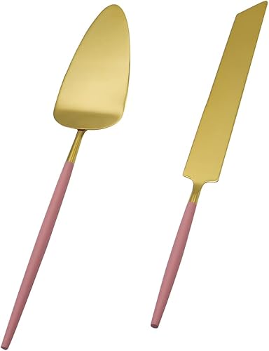 Koyal Wholesale Juego de cuchillos y servidores modernos para tartas de boda, 2 piezas, cortador de pastel dorado y servidor con mango malva