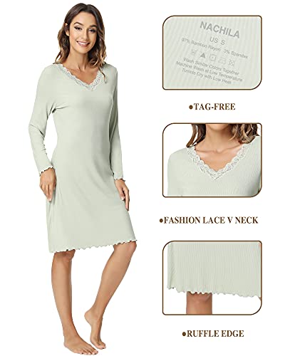 Nachila Women's Nightgowns Long Sleeve Soft Sleep Shirt V Neck Bamboo Viscose Sleepwear Fog Green M #TOP3