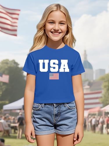 Image of VVNTY Girls American Flag Crop Tops Kids USA Crop Shirt Patriotic 4th of July Tops 5-14 Years