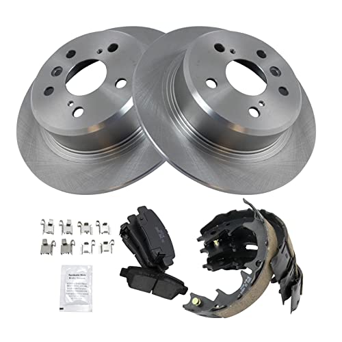 Image of TRQ Rear Brake Pad and Rotor Set Ceramic Parking Brake Shoe Set Compatible with 1998-1999 Toyota Avalon