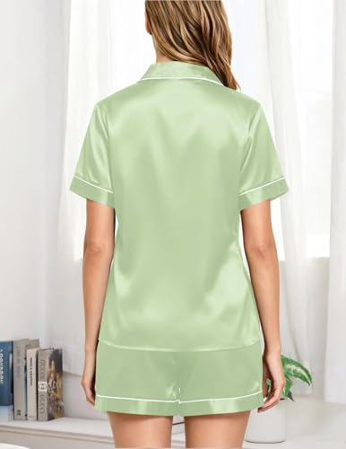 Image of Veseacky Women Satin Pajamas Set 2 Piece Button Down Short Sleeve Soft Sleepwear with Pockets