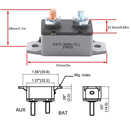 T Tocas 6-28V Dc Manual Reset Stud Circuit Breaker Type Iii With Red Cover For Automotive Rv Marine Boat Battery Solar 40A 2Pcs #TOP1