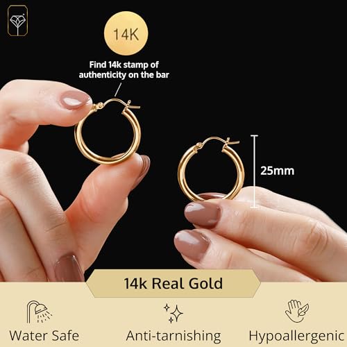 MAX + STONE Solid 14k Gold Hoop Earrings with Click Tops for Women | 1 Inch Large Yellow Gold
