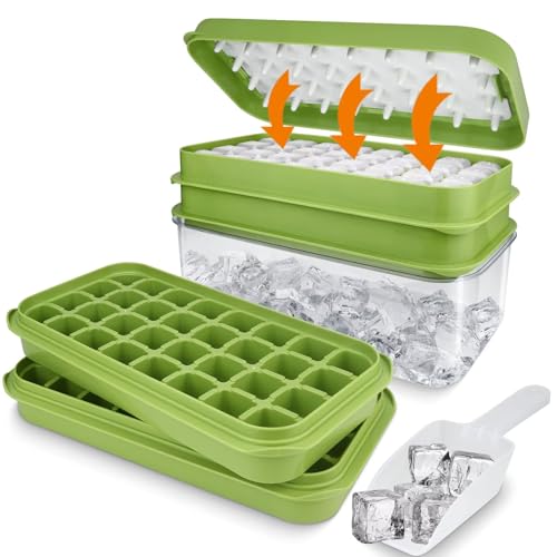 Eiswürfelform Silikon mit Deckel und Behälter, 64 Stück Eiswürfelbehälter BPA-frei, Leicht zu Entnehmen, Doppelschicht, Eiswürfelform Groß für Getränke, Whiskey, Smoothies, Küche, Bar, Picknick(Grün)