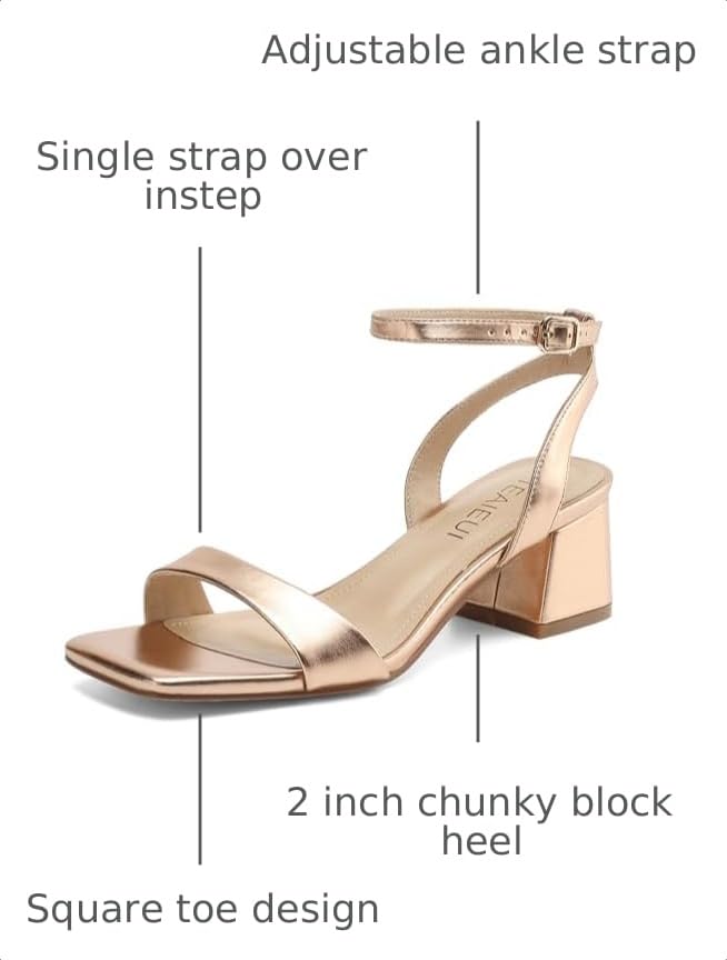 Image of TEAIEUI Block Heels for Women, Square Open Toe Heeled Sandals, Chunky Ankle Strap Shoes for Dress, Party, Prom, Low Heel 2 inch