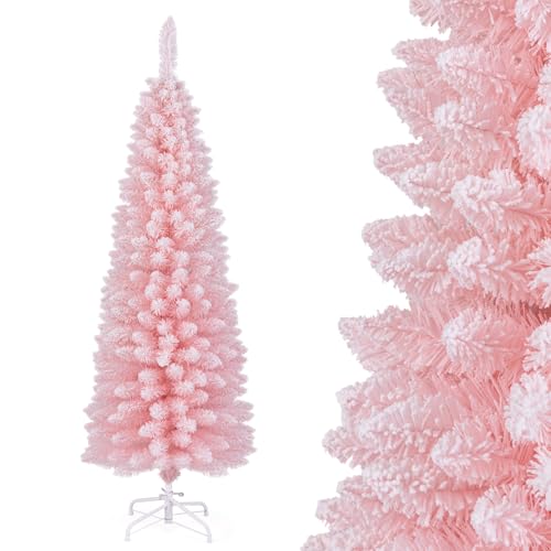 COSTWAY Árbol de Navidad Nevado 120cm, Arbol de Navidad Slim/Estrecho, 240 Puntas de PVC, Arvore de Natal Lápiz Soporte de Metal Casa/Oficina (150cm,Rosa)