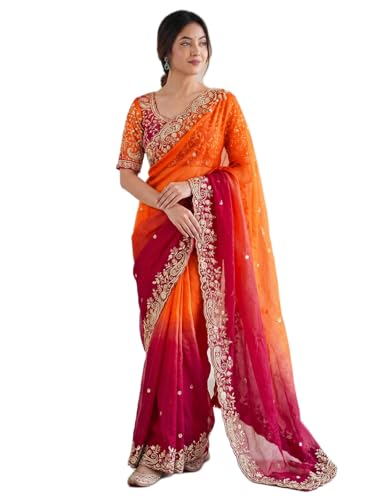 Image of SIRIL Women's Shimmer Chiffon Scalloped Border Sequins Embroidery Saree With Unstitched Blouse Piece