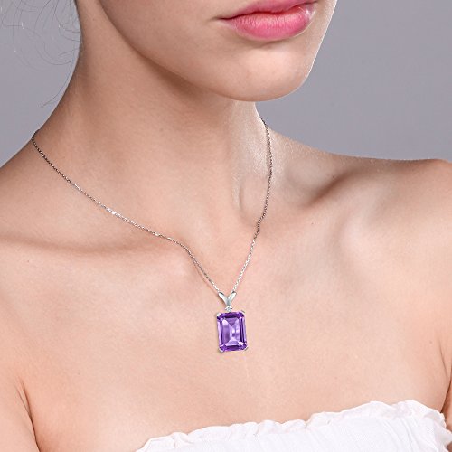 Gem Stone King 925 Sterling Silver Purple Amethyst And White Diamond Pendant Necklace For Women (6.27 Cttw, Gemstone Birthstone, Emerald Cut 14X10Mm, With 18 Inch Silver Chain) #TOP1