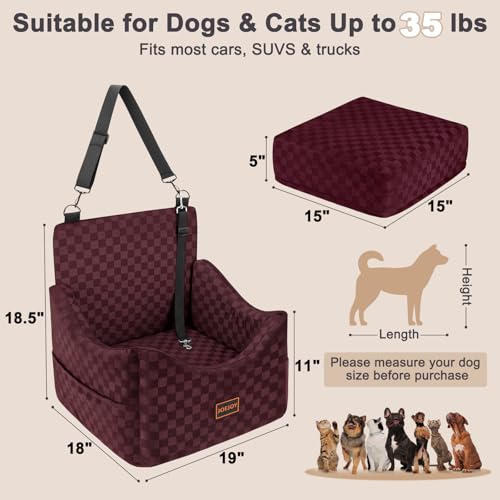 Image of JOEJOY Elevated Dog Car Seat for Small /Medium Dogs up to 36 lbs, Memory Foam Booster Seat with Detachable Washable Cover, Travel-Safe Car Bed with Safety Belts & Storage Pockets, Red