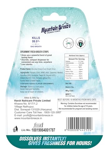 Image of Mountain Breeze Sugar-Free Spearmint Breath Strips - Instant Freshness. 24 Strips Per Cassette (Pack of 3), Oral Hygiene Mouth Freshener, 50 Grams NEW.