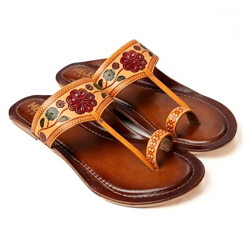 Image of Women Ladies Kolhapuri Genuine Leather Chappal Flats - Slip on Traditional Handcrafted Ethnic and Casual Toe Ring Sandals