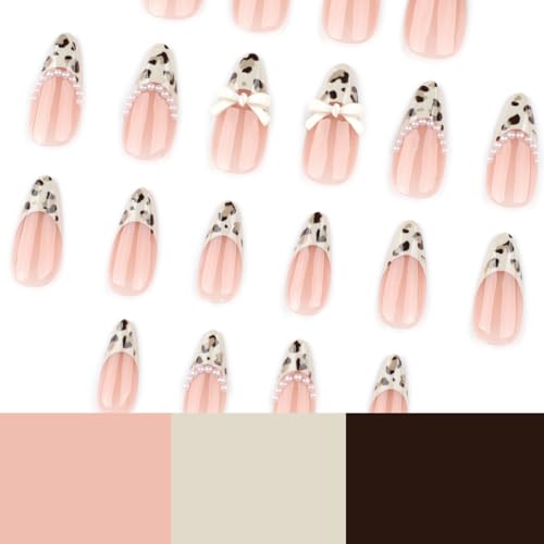 Image of Leopard Print Press on Nails Medium Almond Fake Nails French Tip False Nail with Pearl Design Bow Glue on Nails Glossy Artificial Acrylic Full Cover Stick on Nail for Women Manicure 24Pcs