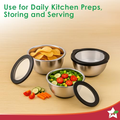 Image of Wonderchef Ambrosia Stainless-Steel 3 Pc. Mixing Bowl Set with Transparent Lid, 10 cm (300ml), 14 cm (470ml), 18 cm (1.5 L) | Stackable, Food-Grade,| Use to Mix, Marinate, Serve | 1-Year Warranty
