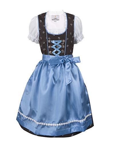 Ramona Lippert Kinderdirndl Sophia braun 3-teilig mit Kleid Bluse & Blauer Schürze Größe 86164 (110/116)