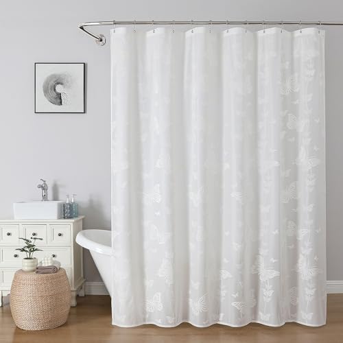 Onalasyc White Butterfly Shower Curtain Lace Butterfly Shower Curtains for Bathroom White Sheer Shower Curtain Vintage Aesthetic Decor Bathroom Waterproof Shower Cutain 12 Pcs Plastic Hooks 72x72in