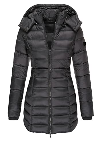 OMZIN Women Winter Puffer Jacket Fashion Warm Quilted Outwear Lightweight Long Hooded Padded Bubble Coat BLK M