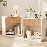 Picture of End Table with Charging Station,Fluted Nightstands Set of 2, Modern Bedside Table with Drawer and Storage Shelf, Wood Mid Century Night Stands for Bedroom Living Room (White)