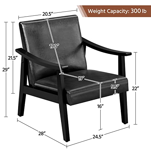 Image of Yaheetech PU Leather Black Chairs, Mid-Century Modern Armchair with Solid Wood Legs, Reading Accent Chair with High Back for Living Room Bedroom Waiting Room, 2 pcs, Black