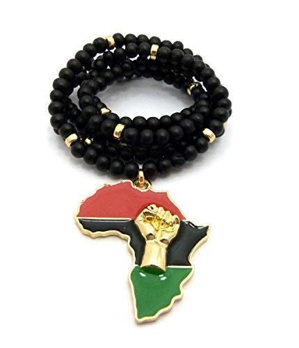Fist Power in Pan African Colored Africa Map Pendant 6mm 30 inches Wooden Bead Necklace2