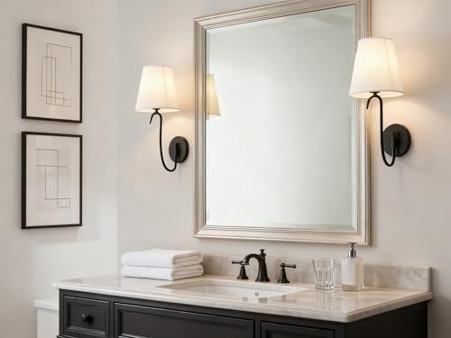 Image of Swan Neck Wall Sconce Fixture 1-Light with White Fabric Shade, Indoor Hardwired Rustic Boho Wall Light for Living Room Bedroom Bedside Nightstand Light